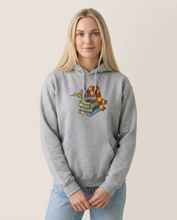 Book Stack Hoodie — Grey Front, worn