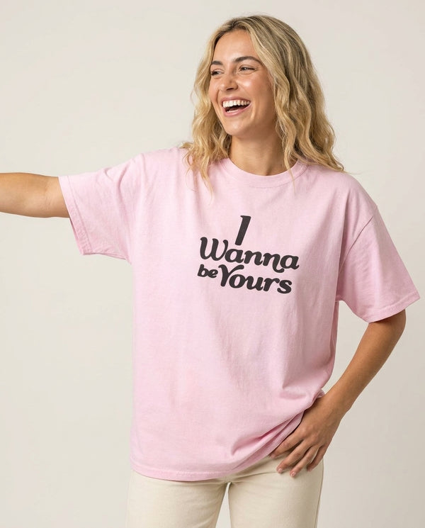 I Wanna Be Yours T-Shirt — Pink Front, worn