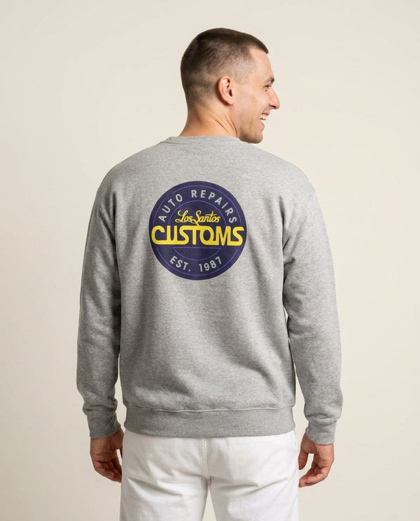 Los Santos Customs - Video Game Sweatshirt — Grey Back, worn