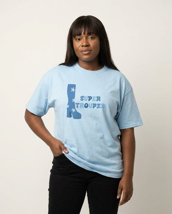 Super Trouper T-Shirt — Blue Front, worn