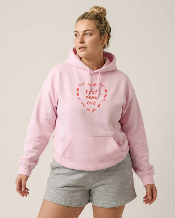 Best Mum Eva Hoodie — Pink Front, worn