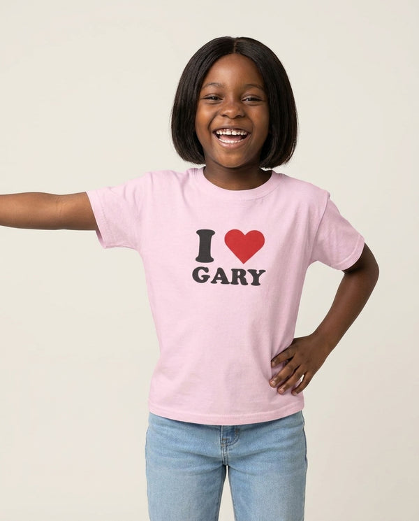 I Love Gary Kids T-Shirt — Pink Front, worn