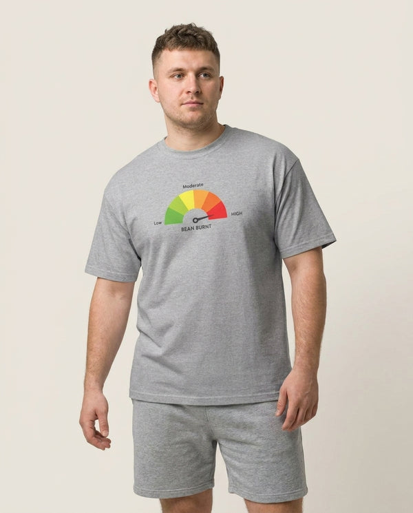 Burnt Bean Guage T-Shirt — Grey Front, worn