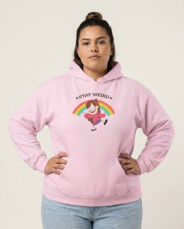 Stay Weird Hoodie — Pink Front, worn