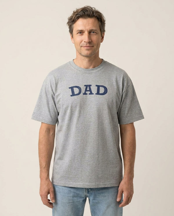 DAD Letters T-Shirt — Grey Front, worn