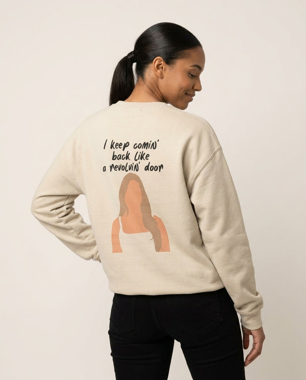 Revolving Door Sweatshirt — Sand Back, worn