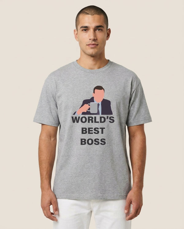 World's Best Boss - The Office T-Shirt — Grey Front, worn