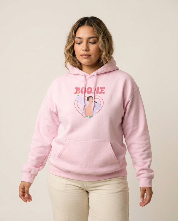 Boone Heart Hoodie — Pink Front, worn