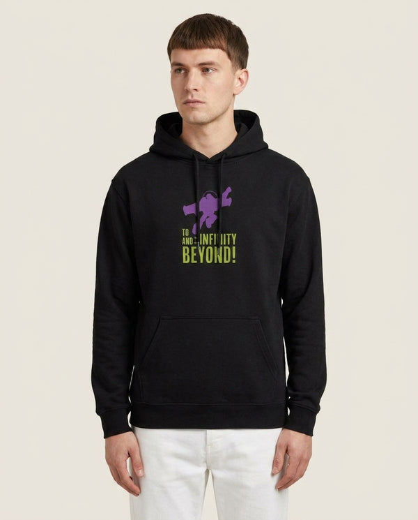 Infinity And Beyond Hoodie — Black Front, worn