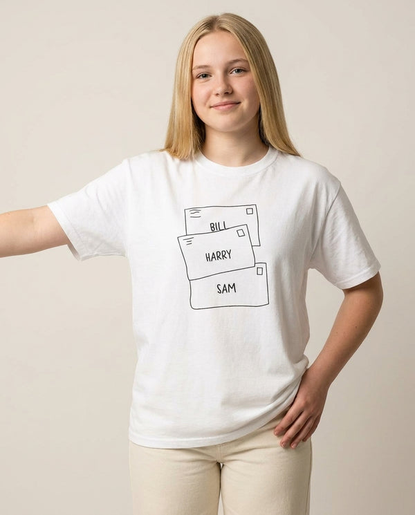 Bill, Harry And Sam T-Shirt — White Front, worn
