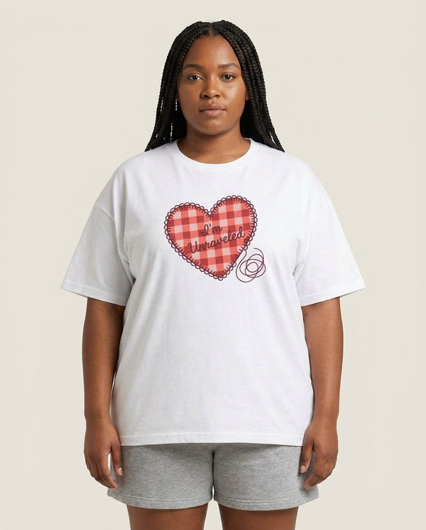 Unraveled T-Shirt White Front, worn