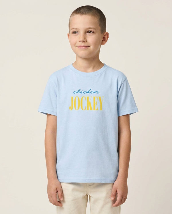 Chicken Jockey Blue Kids T-Shirt — Blue Front, worn