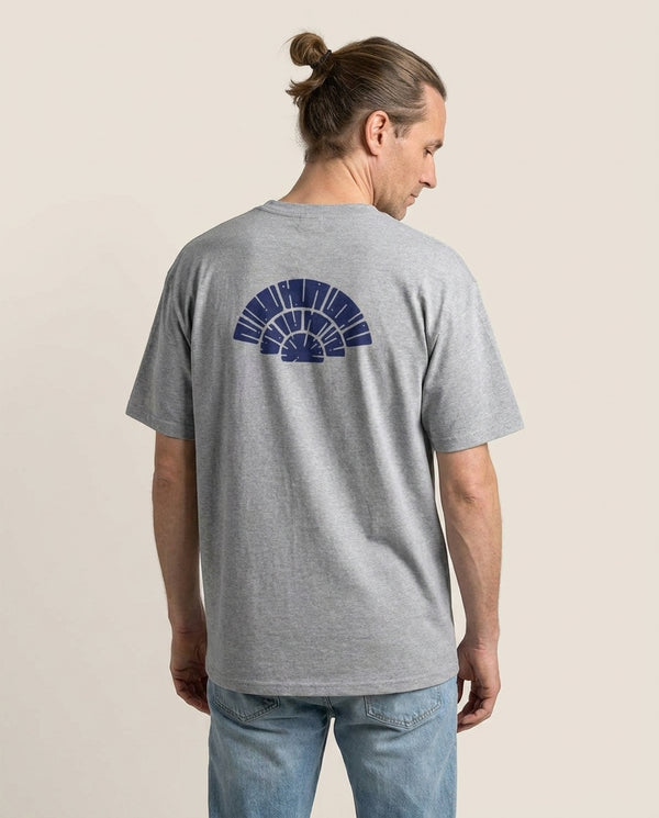 Blue Design T-Shirt — Grey Back, worn