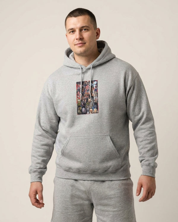 Collage of Horror Hoodie — Grey Front, worn