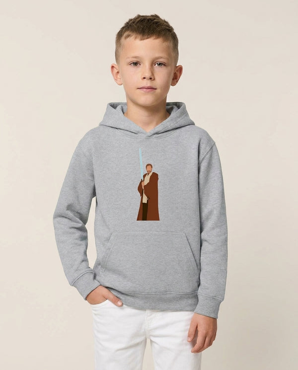 Kenobi Blue Lightsaber Kids Hoodie — Grey Front, worn