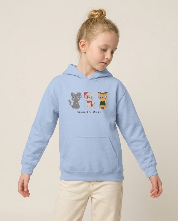 Meowy Christmas  Kids Hoodie — Blue Front, worn
