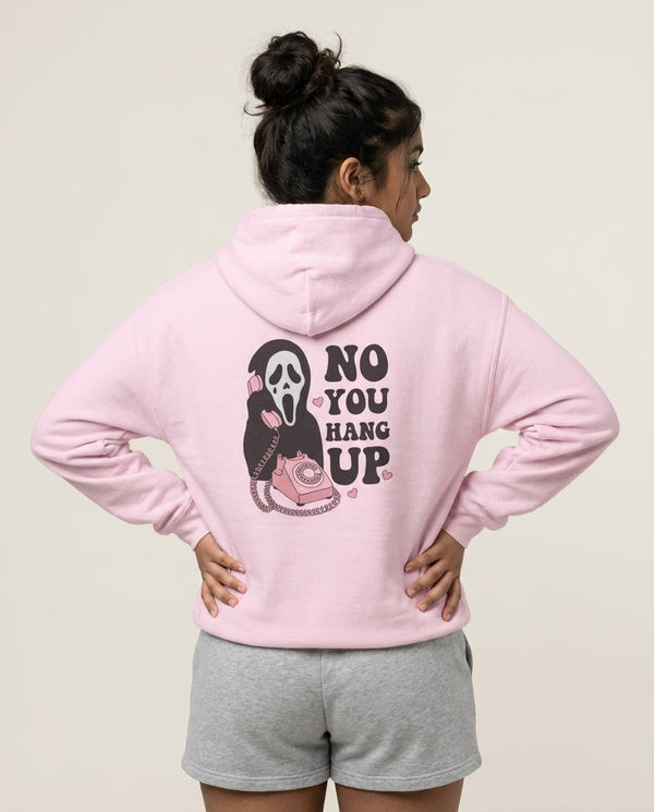 No You Hang Up Hoodie — Pink Back, worn