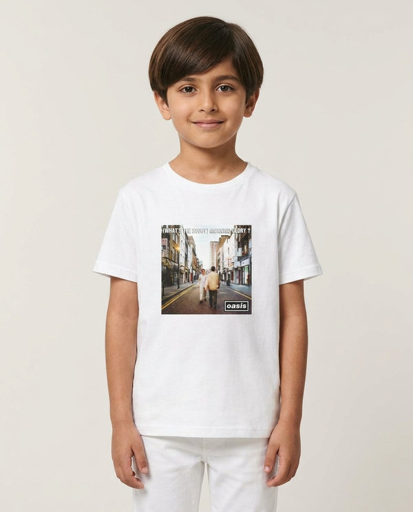 What's The Story Kids T-Shirt — White Front, worn