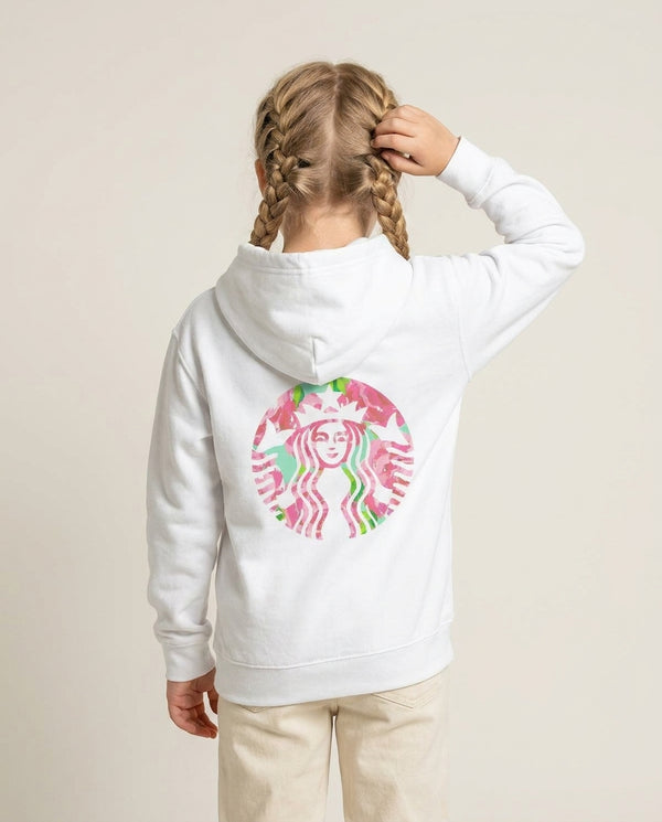 Pink Coffee Logo Kids Hoodie — White Back, worn