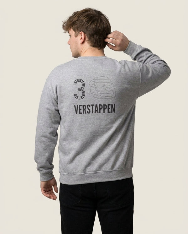 Verstappen Helmet 2026 Sweatshirt — Grey Back, worn