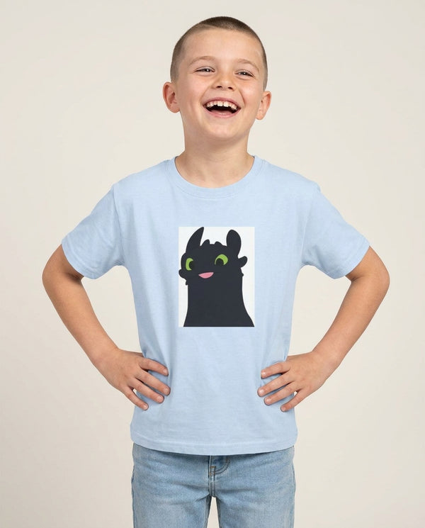 Black Fury Dragon Kids T-Shirt — Blue Front, worn