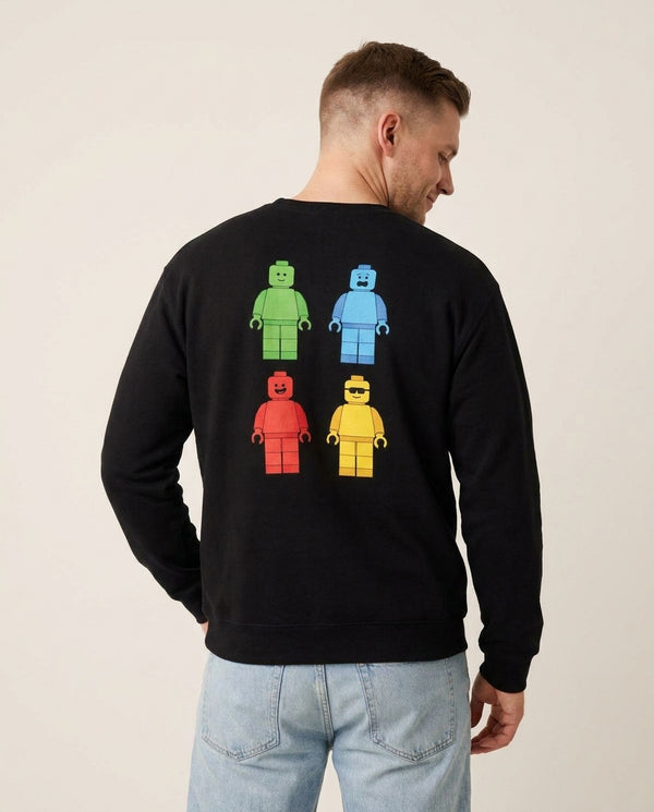 Bricks Figures Rainbow Sweatshirt — Black Back, worn