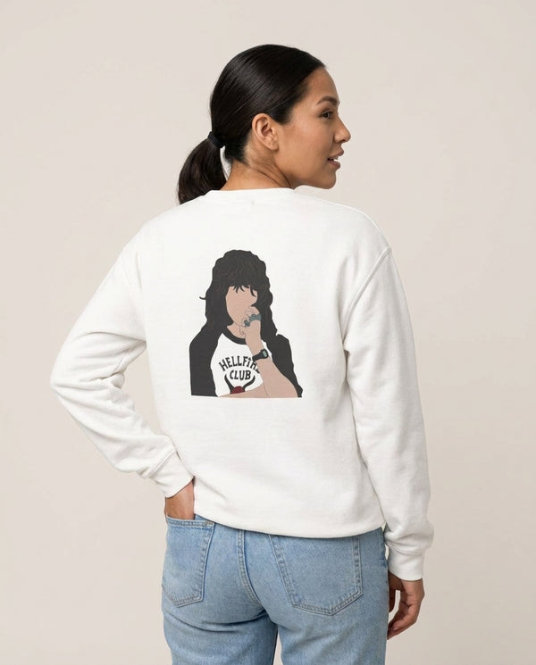Eddie Munson Hellfire Sweatshirt — White Back, worn