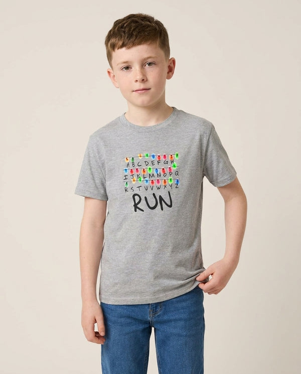 Run Kids T-Shirt — Grey Front, worn
