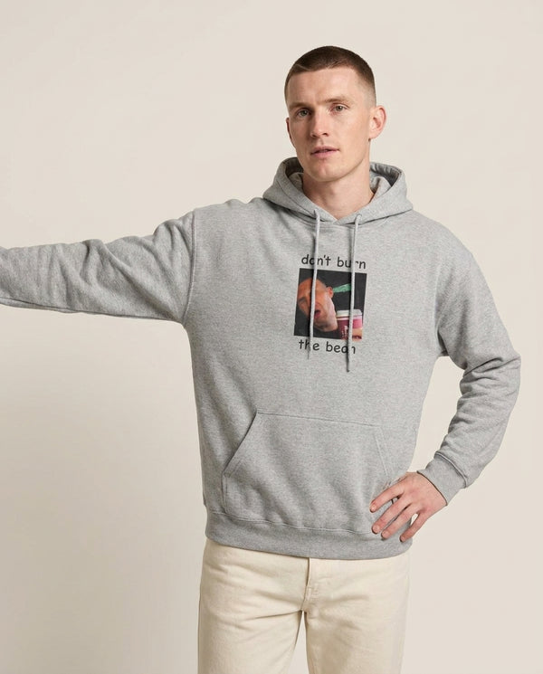 Don't Burn The Bean Hoodie — Grey Front, worn