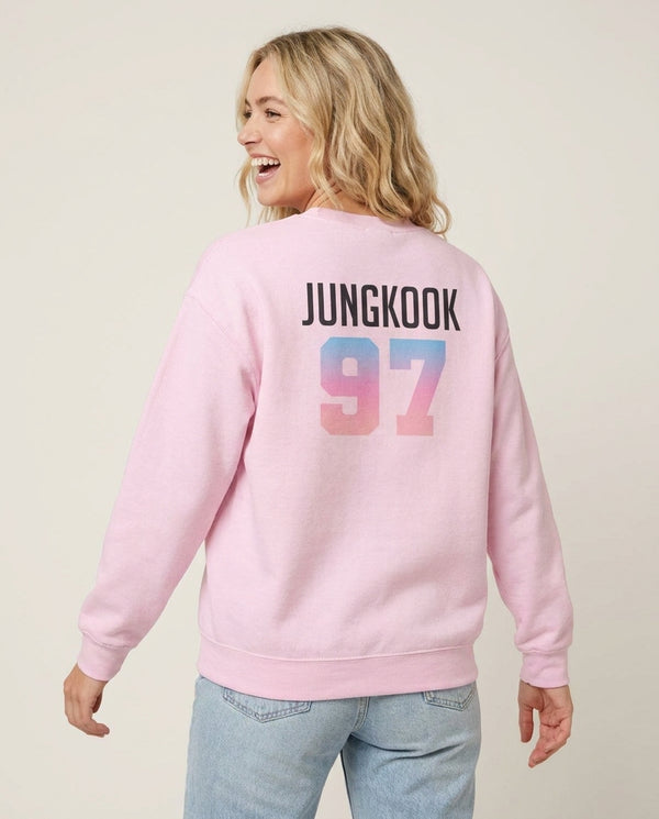Jungkook 97 Sweatshirt — Pink Back, worn