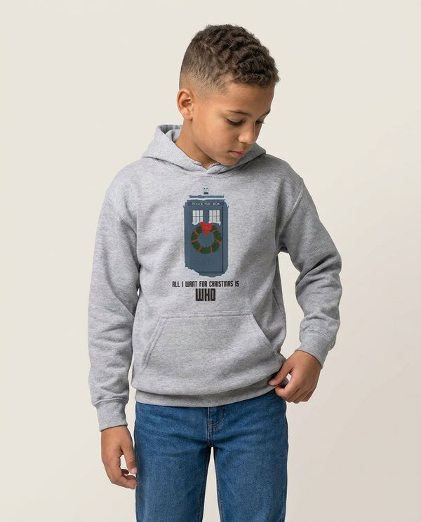 All I Want For Christmas Is Who - Doctor Who Kids Hoodie — Grey Front, worn
