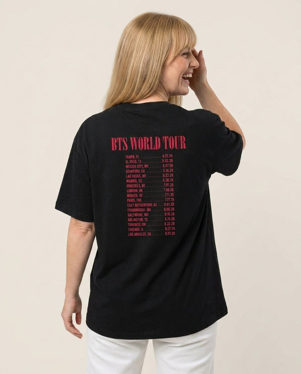 K-Pop Band World Tour List 2026 T-Shirt — Black Back, worn