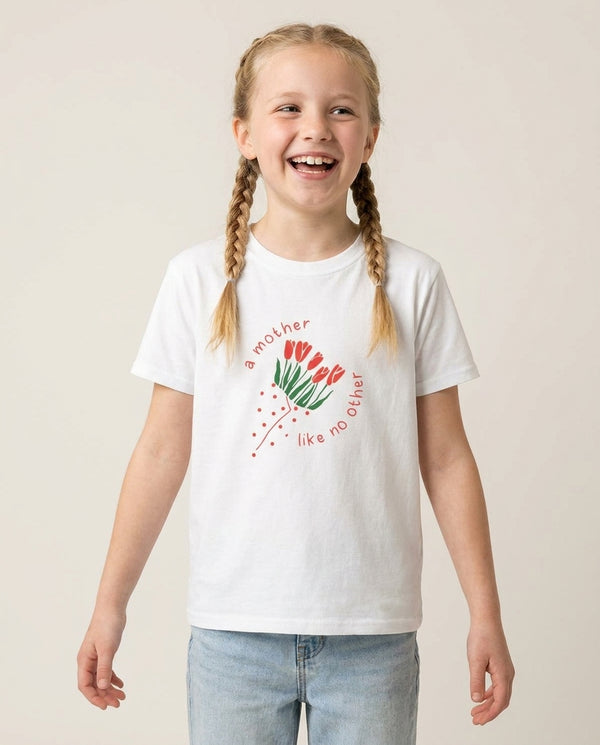 A Mother Like No Other Kids T-Shirt — White Front, worn