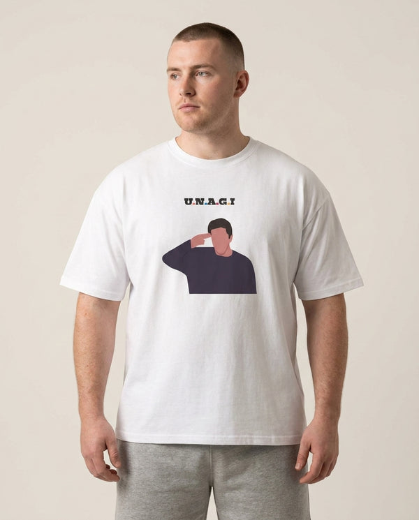 Unagi T-Shirt — White Front, worn