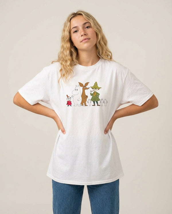 Moom Characters T-Shirt — White Front, worn