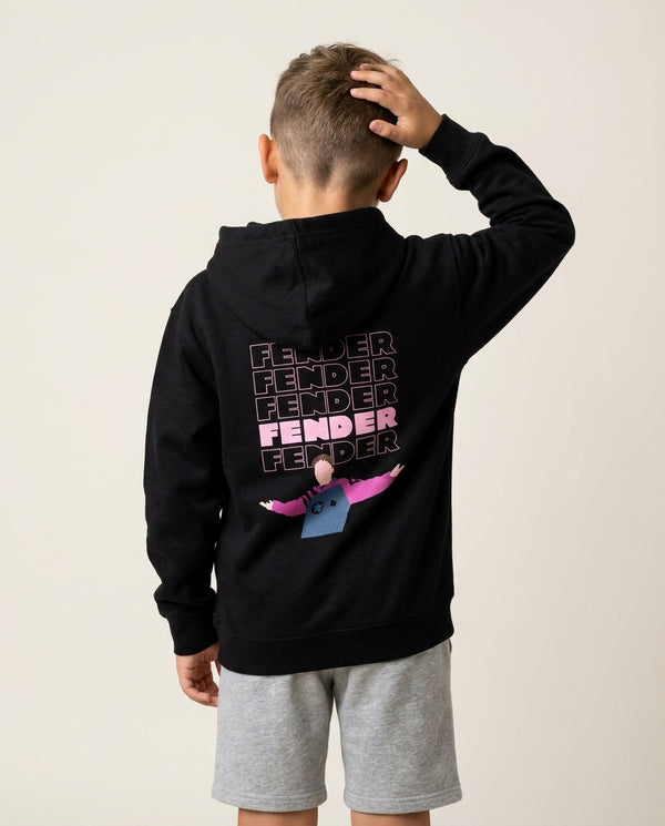 Fender Pink Sports Jersey Kids Hoodie — Black Back, worn