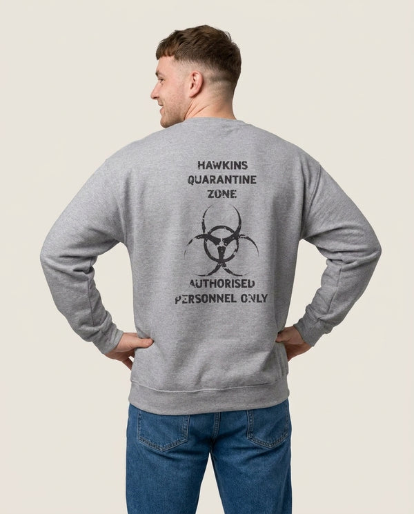 Hawkings Quarantine Zone Sweatshirt — Grey Back, worn