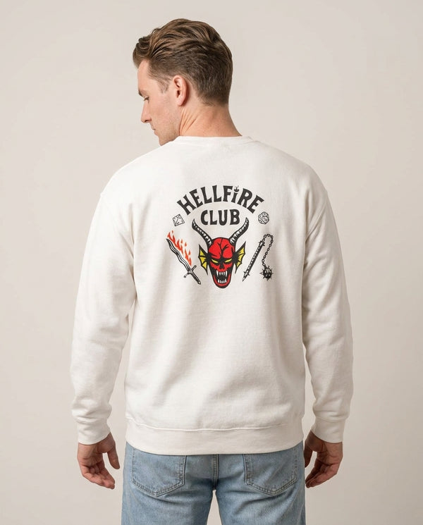 Hellfire Club Logo Sweatshirt — White Back, worn