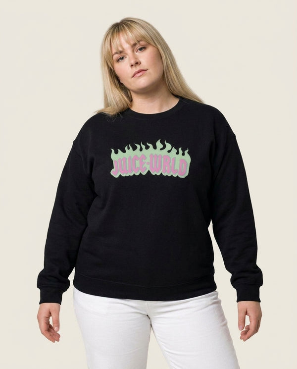 Juice + World - Juice Sweatshirt — Black Front, worn