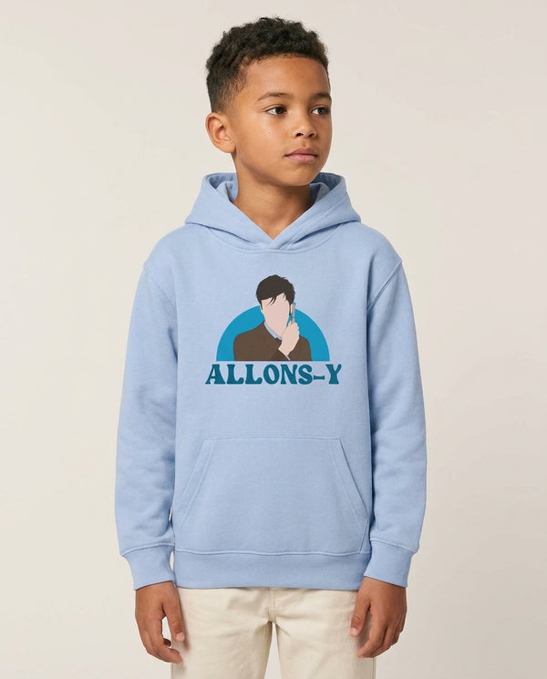 Allons-y Kids Hoodie — Blue Front, worn