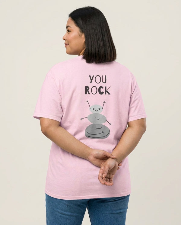 You Rock T-Shirt — Pink Back, worn