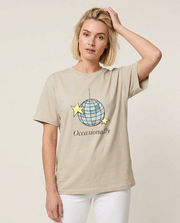 Ocasionally Discoball T-Shirt — Sand Front, worn