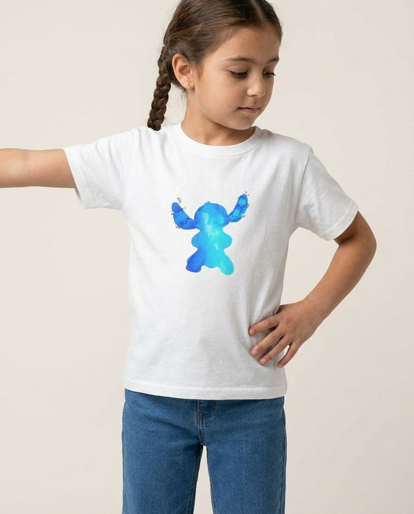 Watercolour Blue Alien Disney Kids T-Shirt — White Front, worn