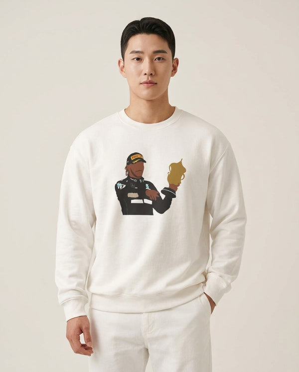 Hamilton - F1 Sweatshirt — White Front, worn