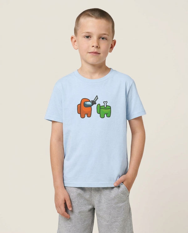 Among Gaming Killed Kids T-Shirt — Blue Front, worn