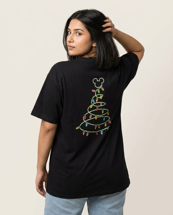 Cartoon Mouse Christmas Tree Lights T-Shirt — Black Back, worn