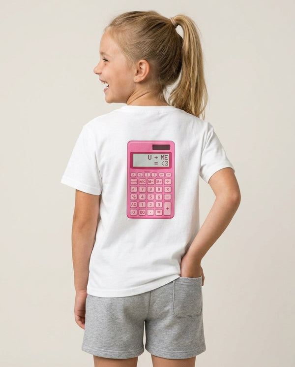 Pink Love Calculator Kids T-Shirt White Back, worn