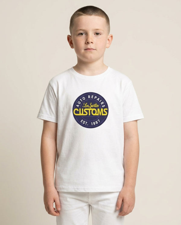 Los Santos Customs - Video Game Kids T-Shirt — White Front, worn