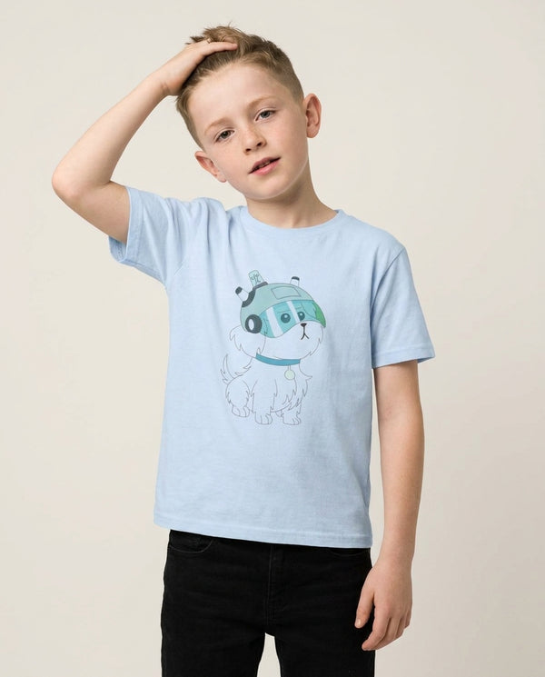 Space Dog - RAM Kids T-Shirt — Blue Front, worn