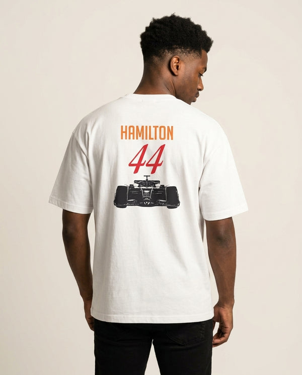 F1 Car Hamilton T-Shirt — White Back, worn